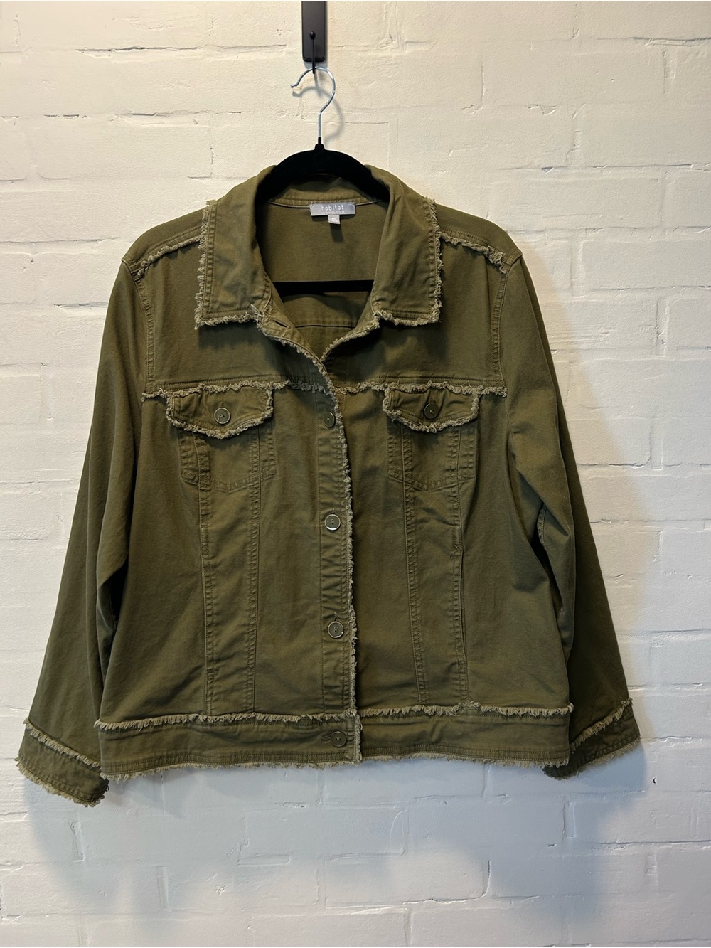 Habitat Olive Green Washed Canvas Frayed Button Utility Jacket XXL Stretch